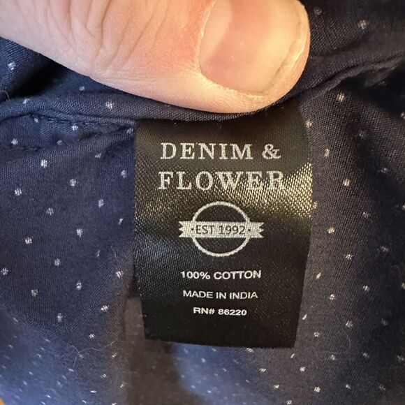 Denim & Flower Mens Shirt Size Medium Button Down Slim Fit Blue Polka Dot Navy - Picture 5 of 5